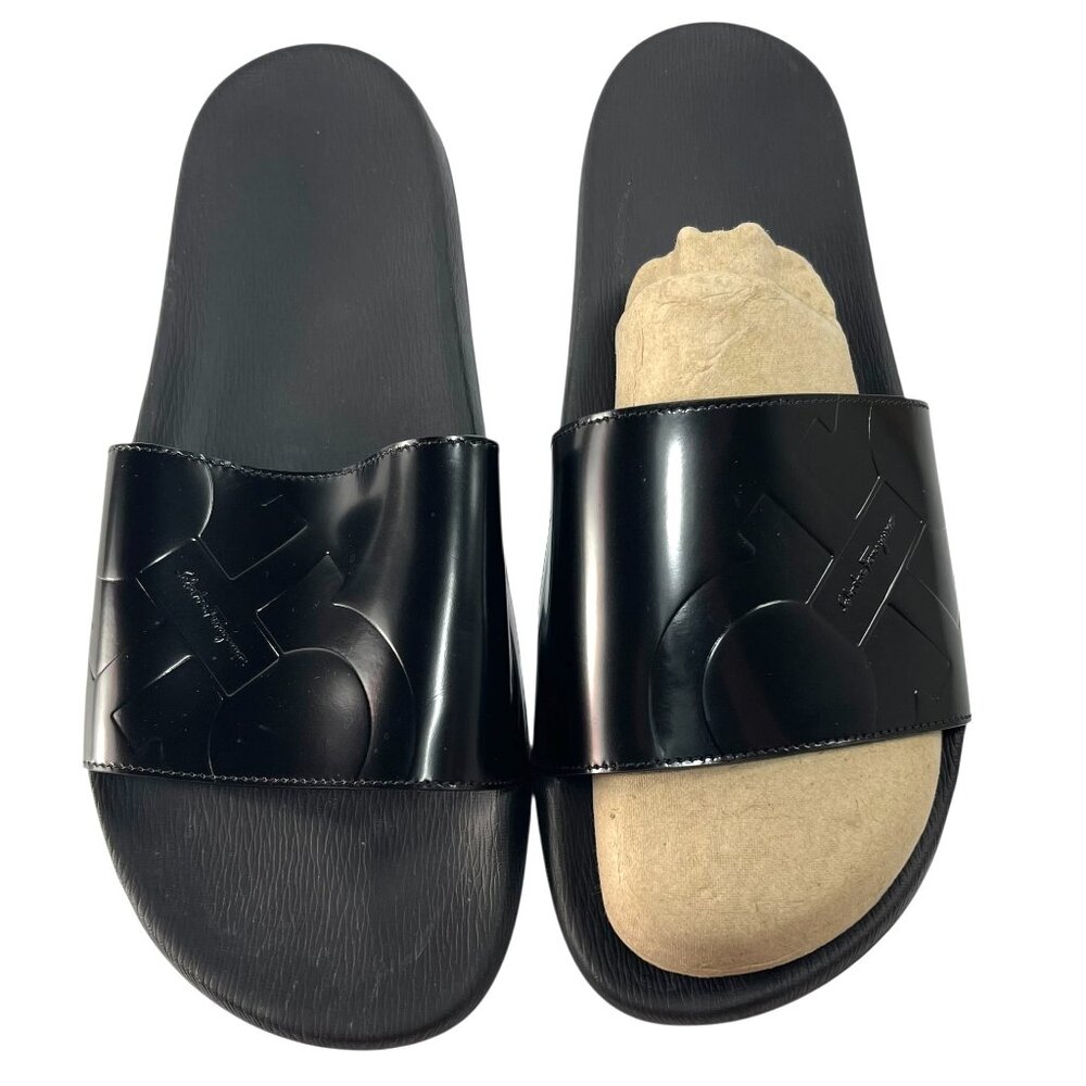 SALVATORE FERRAGAMO DASH Embossed Gancini Slides Flip Flops Sandals Mens 12 M